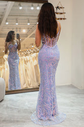 Lilac Long Corset Appliqued Mermaid Prom Dress